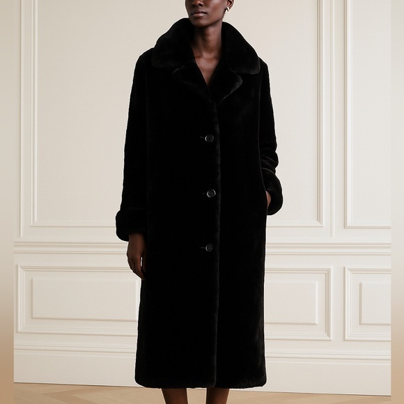 Gallery Jackets & Blazers - Gallery Black Faux Fur Full Length Long Coat Plush Modacrylic Winter Button Sz M